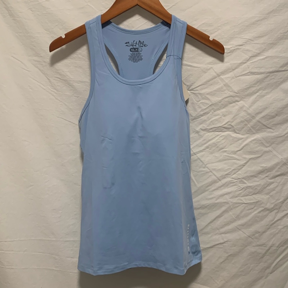NWT Salt Life Women’s, size Large, Airy Blue, Performance Raceback Tank Top